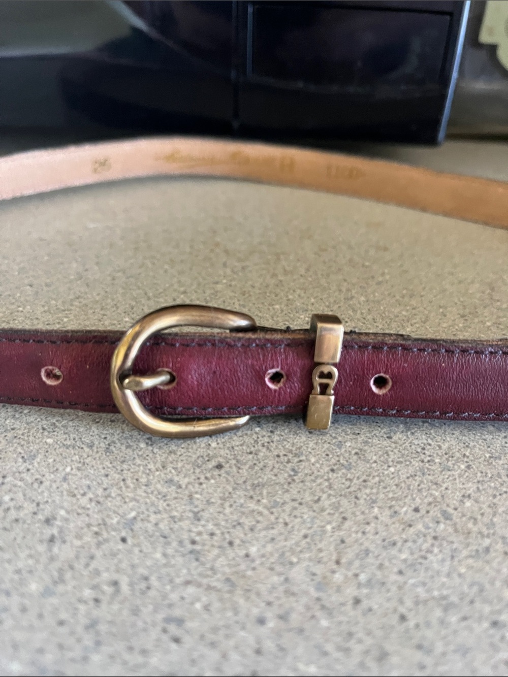 Etienne Aigner Slim Burgundy Leather Belt with Brass Accent
